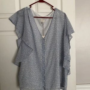 Blue and White Print Button Blouse